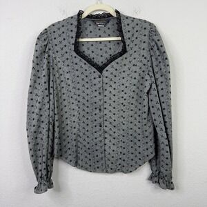 Panhandle Slim Shirt Womens 14 Gray Black Lace Trim Puff Sleeve Western Romantic